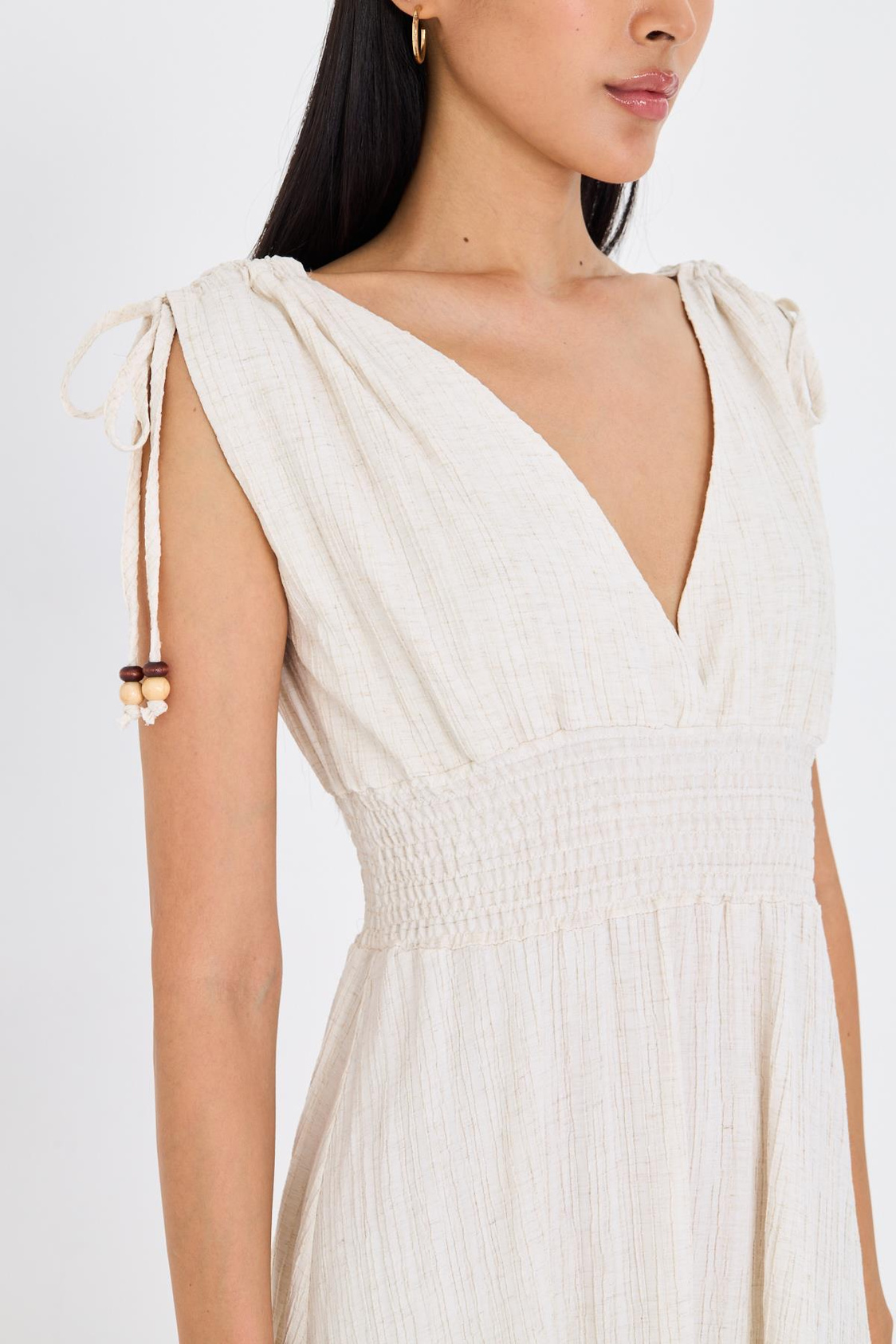 Beli Lastikli Keten Görünümlü Uzun Elbise