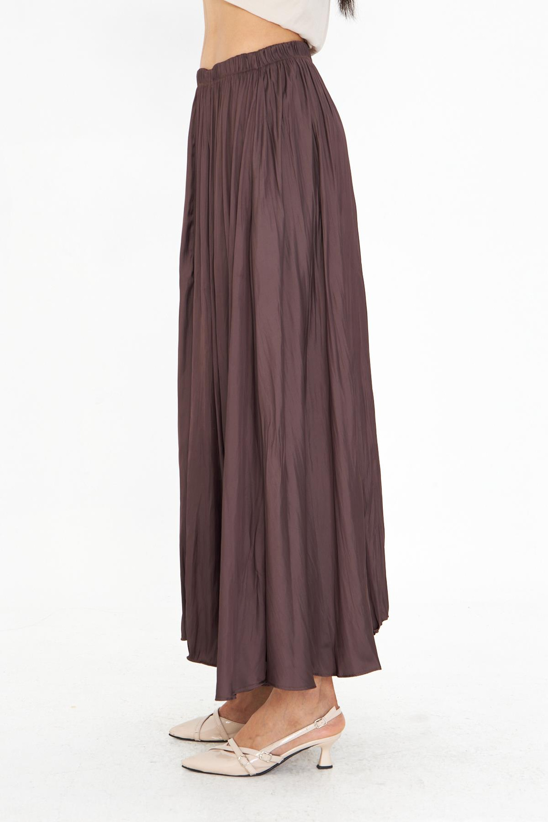 Beli Lastikli Kraşlı Uzun Saten Etek 