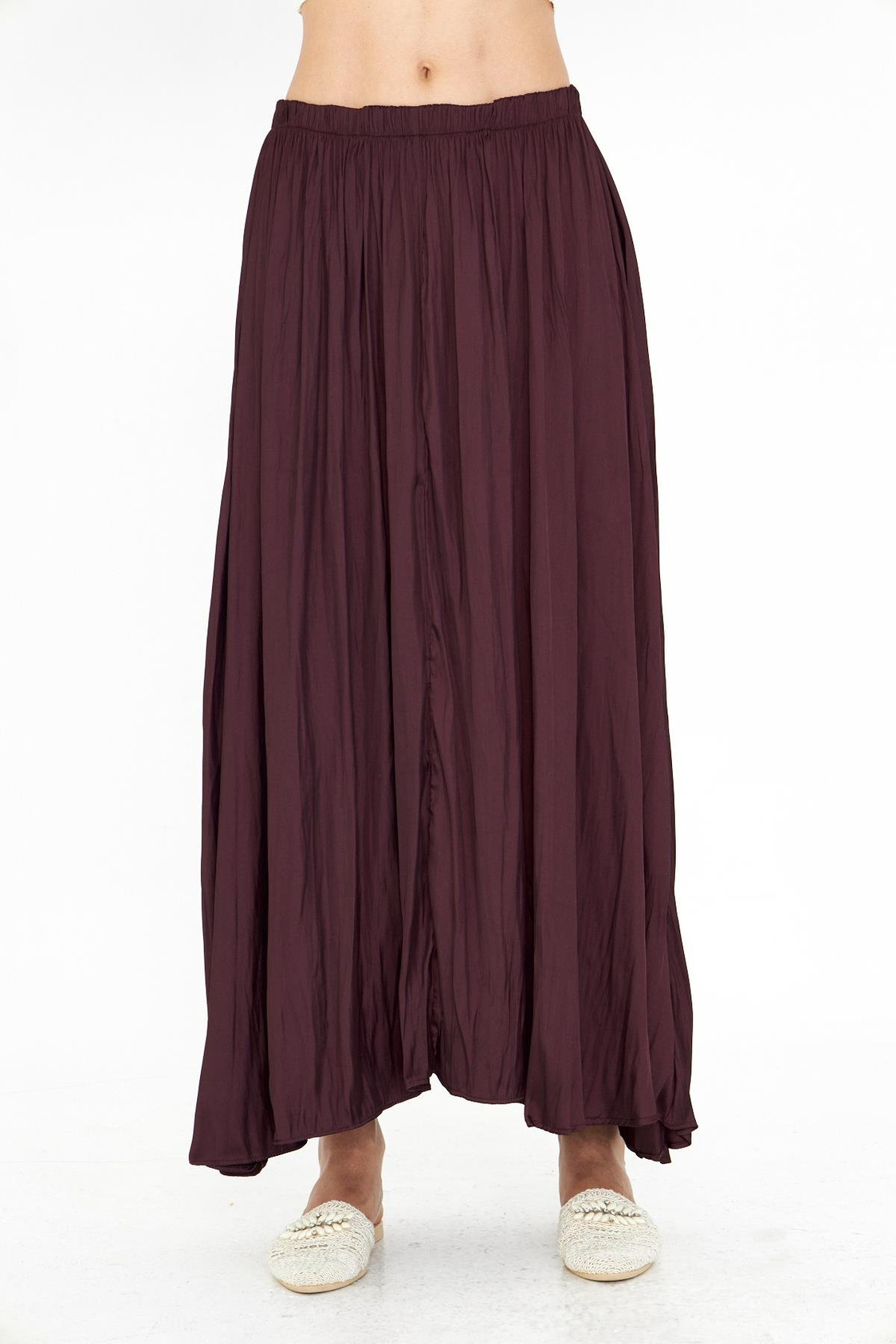 Beli Lastikli Kraşlı Uzun Saten Etek