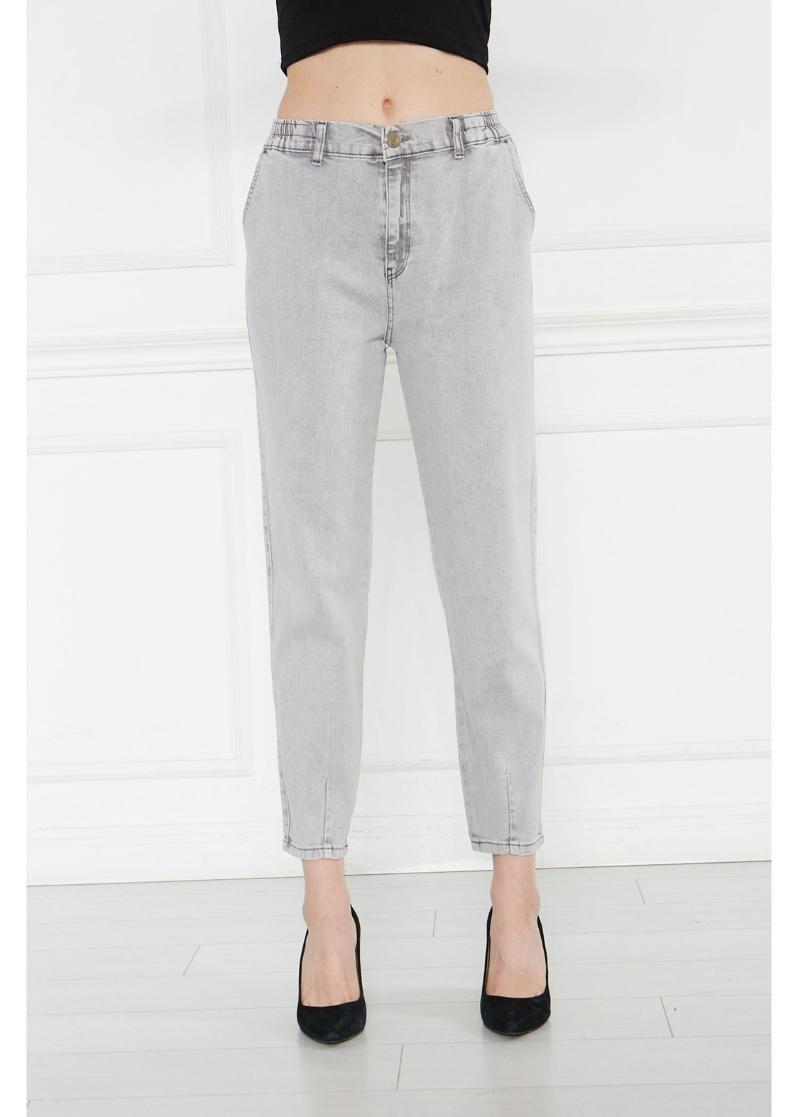 Beli Lastikli Mom Jean Pantolon-Gri