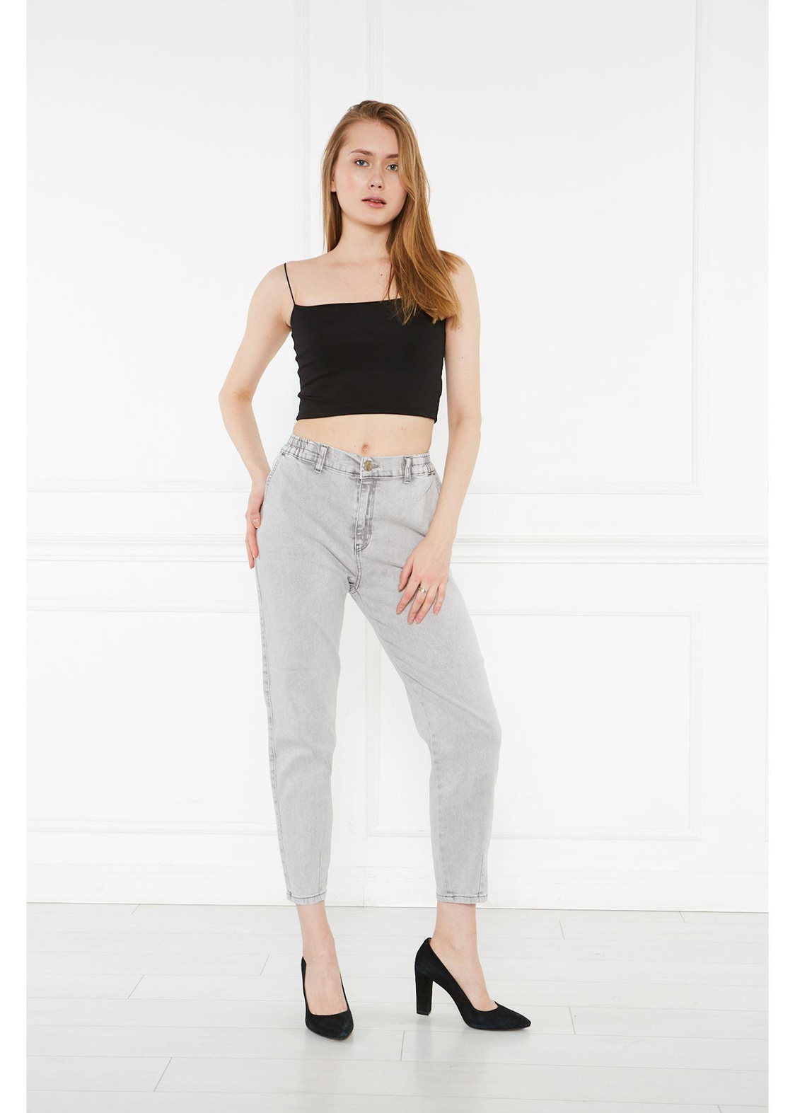 Beli Lastikli Mom Jean Pantolon-Gri