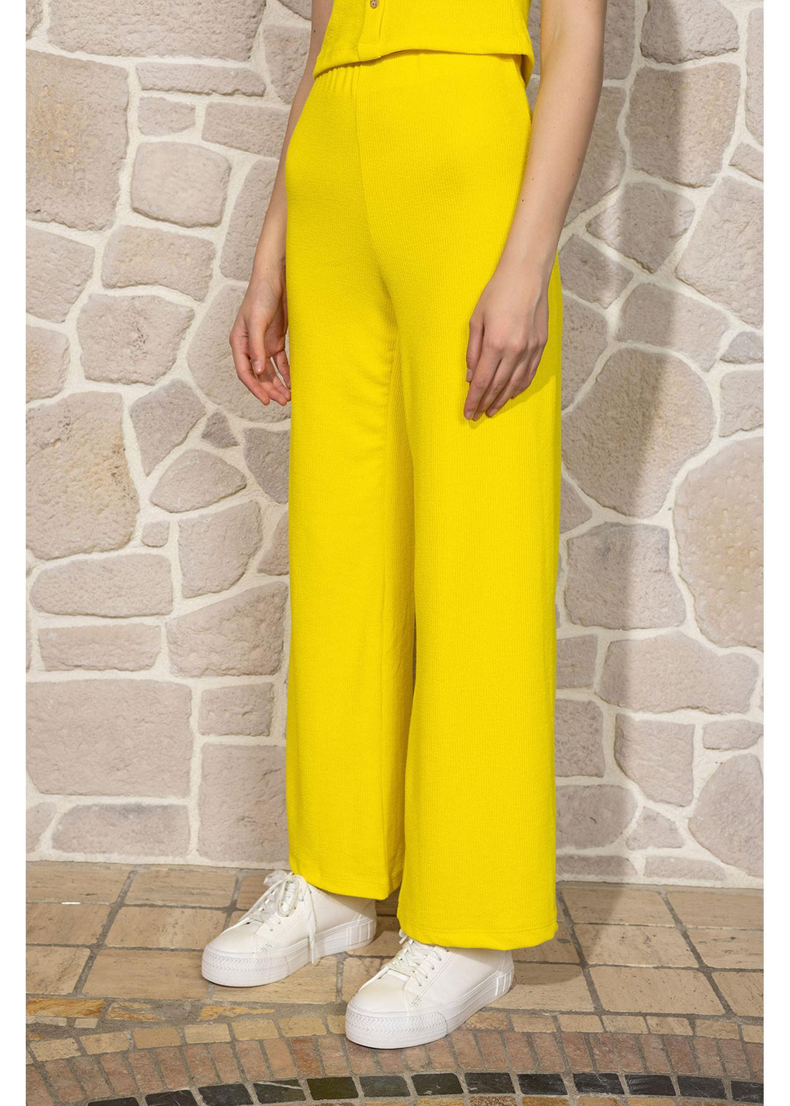 Beli Lastikli Örme Pantolon-Sarı