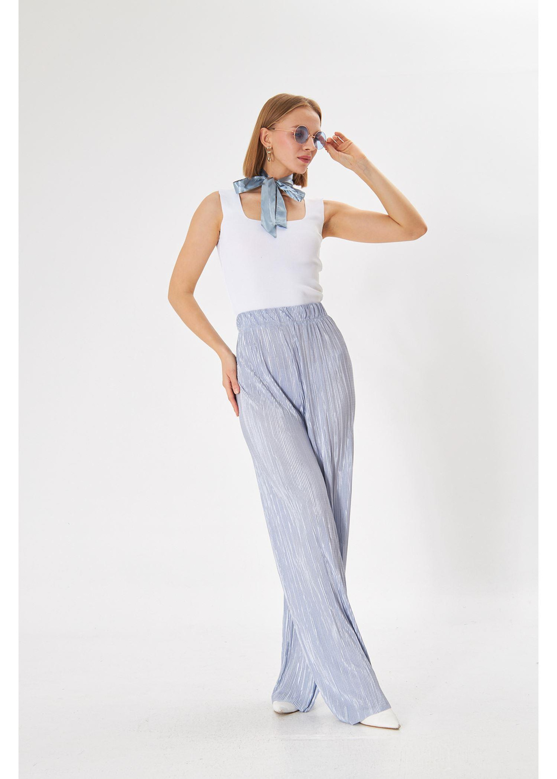 Beli Lastikli Plise Pantolon-Gri