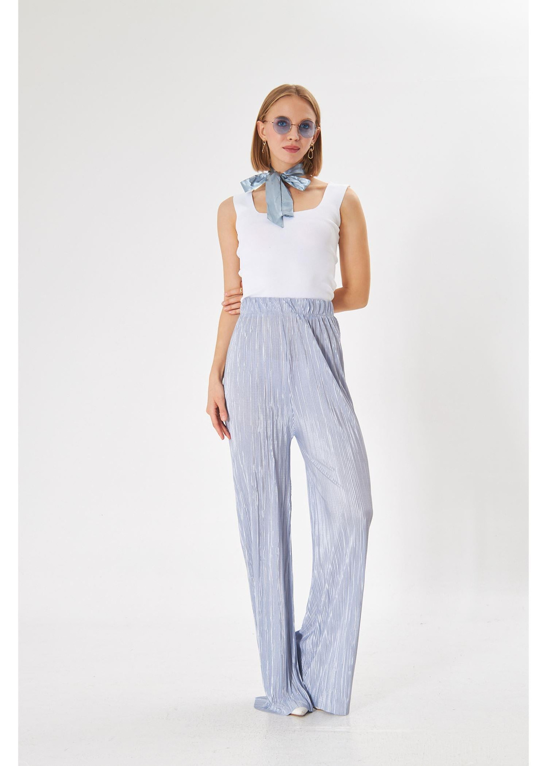Beli Lastikli Plise Pantolon-Gri