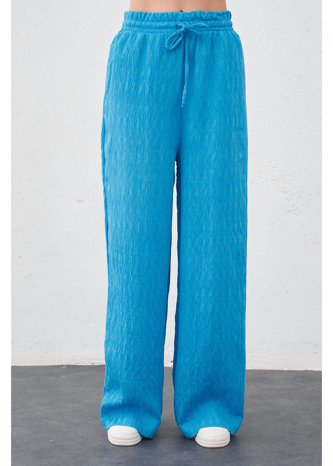 Beli Lastikli Plise Pantolon-Mavi