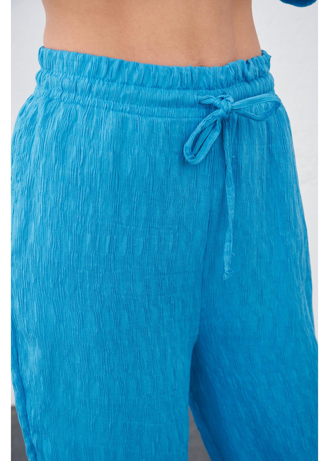 Beli Lastikli Plise Pantolon-Mavi