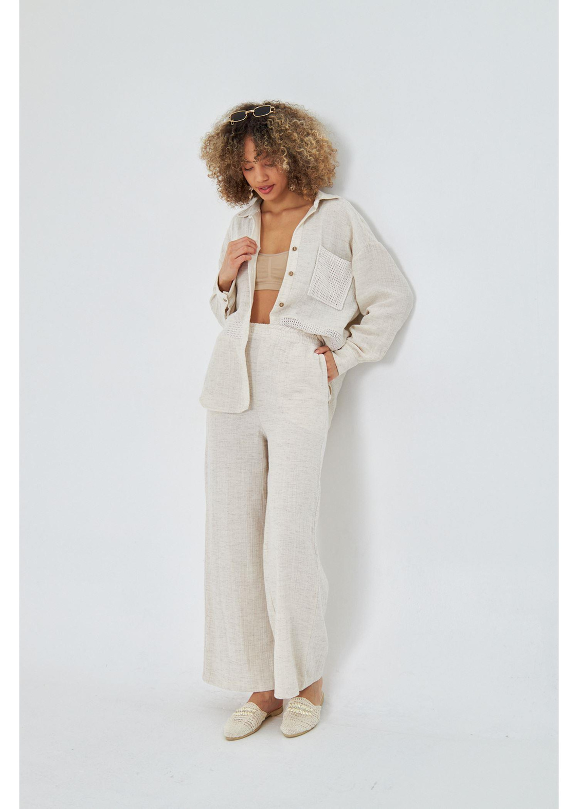 Beli Lastikli Yandan Cepli Müslin Keten Pantolon