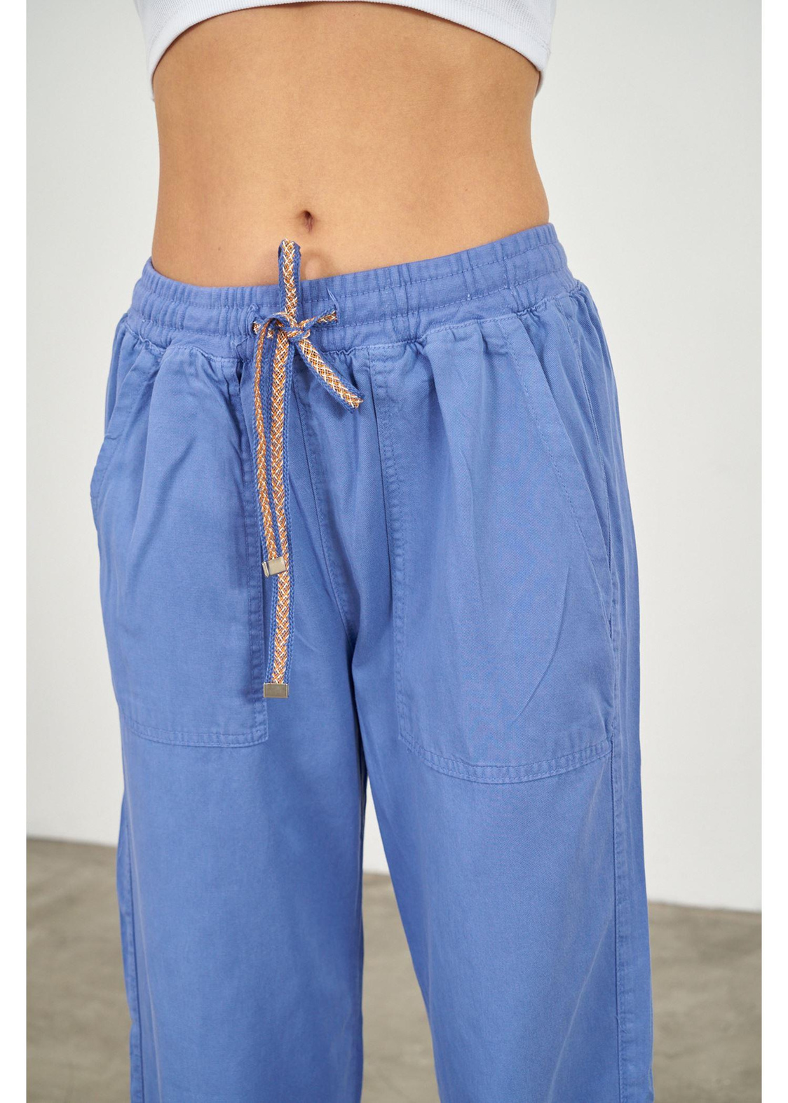 Beli Ribanalı Bol Paça Pantolon-Mavi