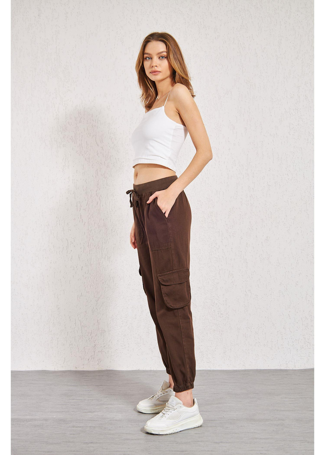 Beli Ribanalı Kargo Cep Pantolon-Kahve