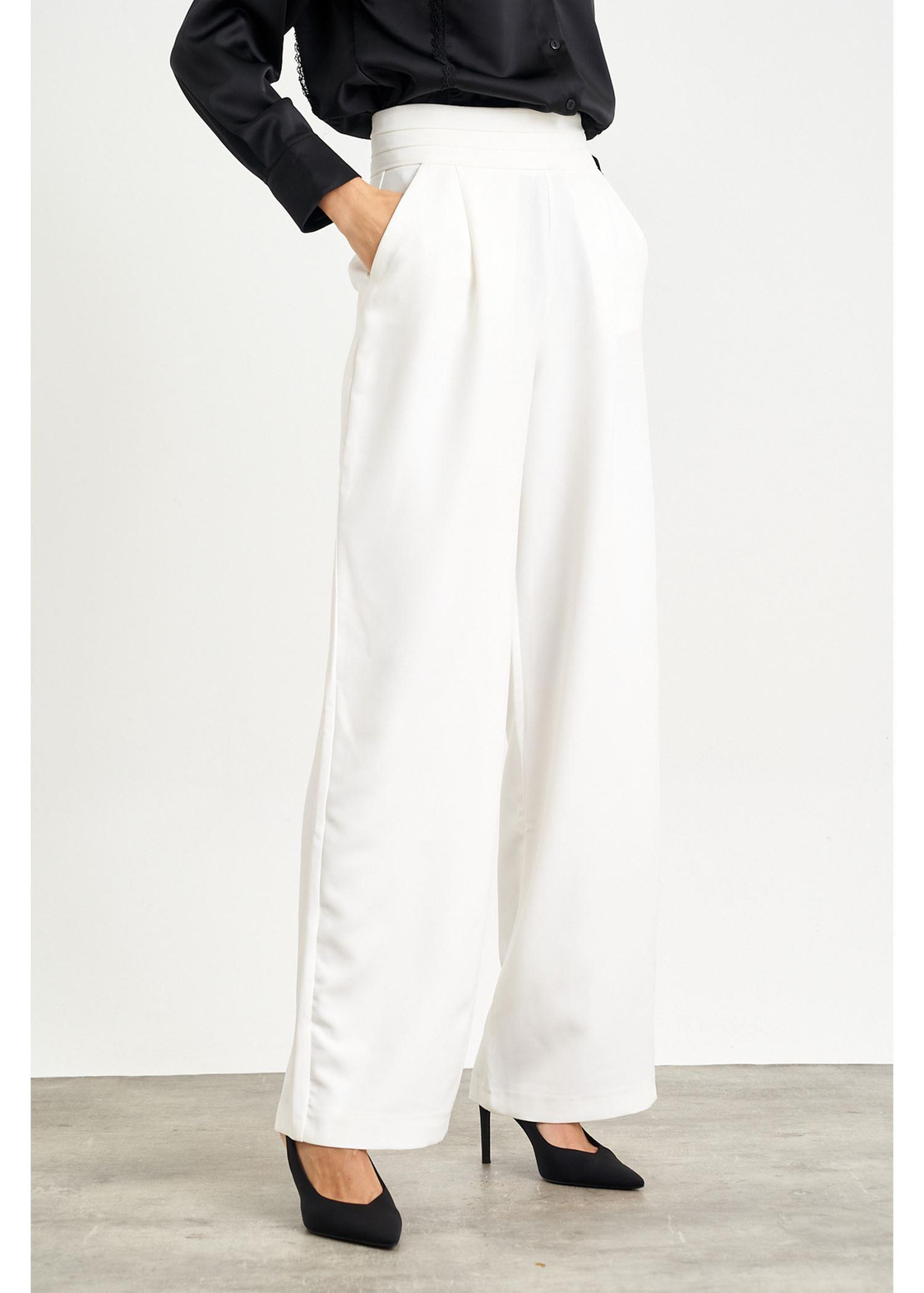 Beli Şeritli Palazzo Atlas Pantolon-Ekru