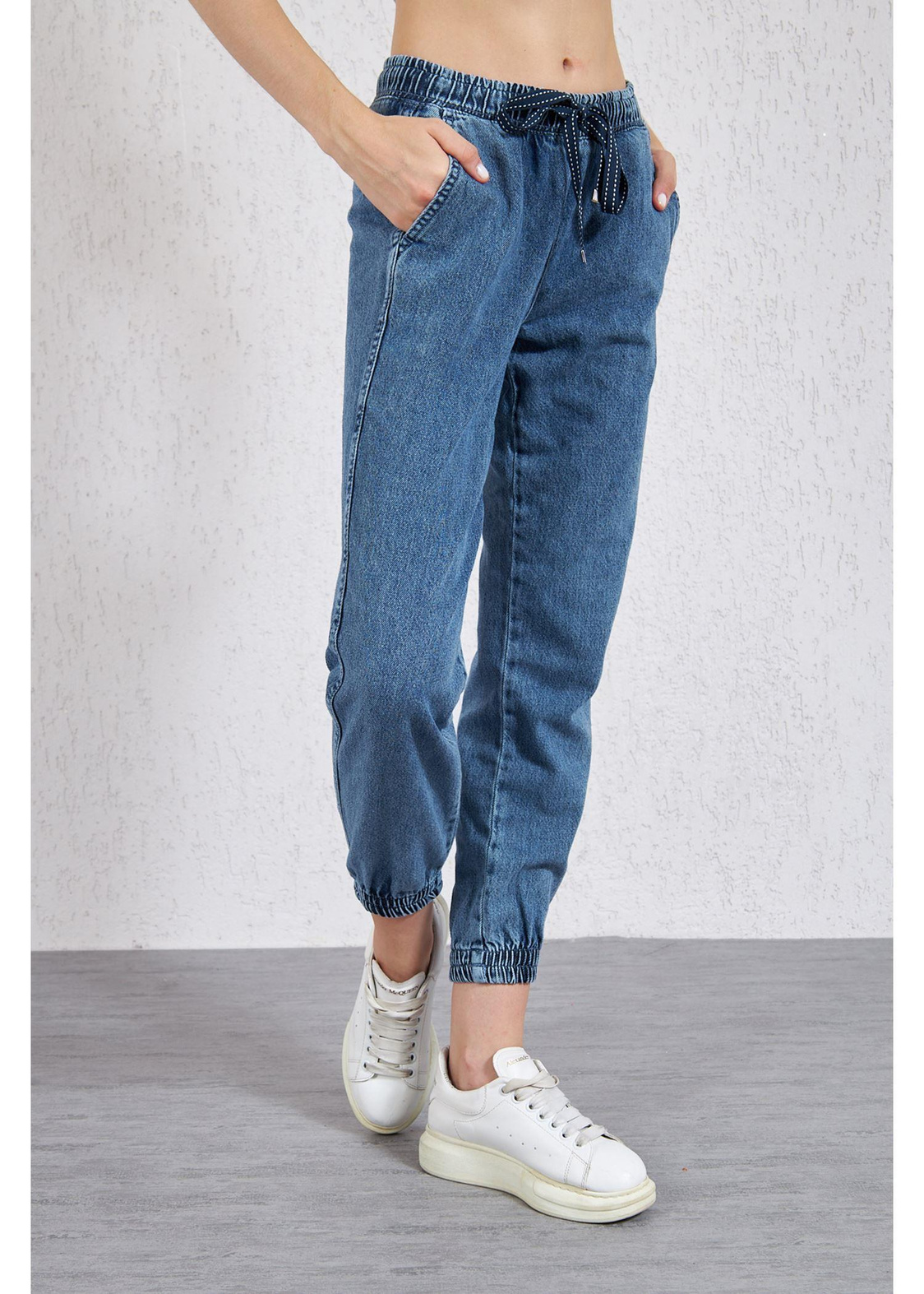 Beli ve Paçası Lastikli Denim Pantolon-K.Mavi