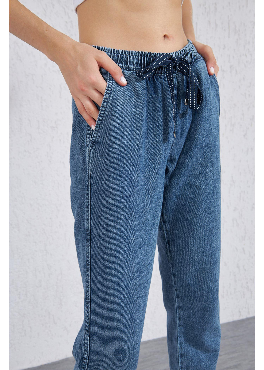 Beli ve Paçası Lastikli Denim Pantolon-K.Mavi