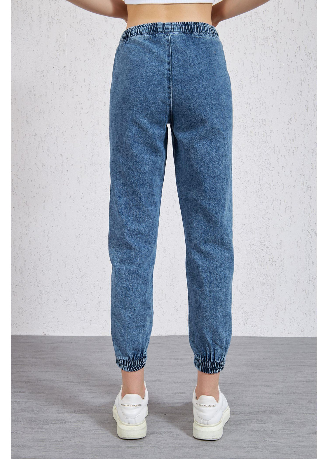 Beli ve Paçası Lastikli Denim Pantolon-K.Mavi