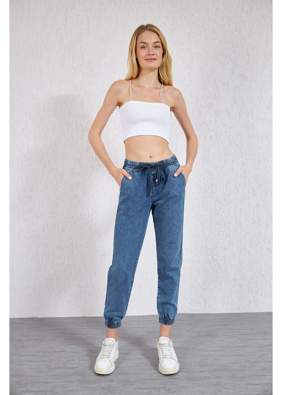 Beli ve Paçası Lastikli Denim Pantolon-K.Mavi