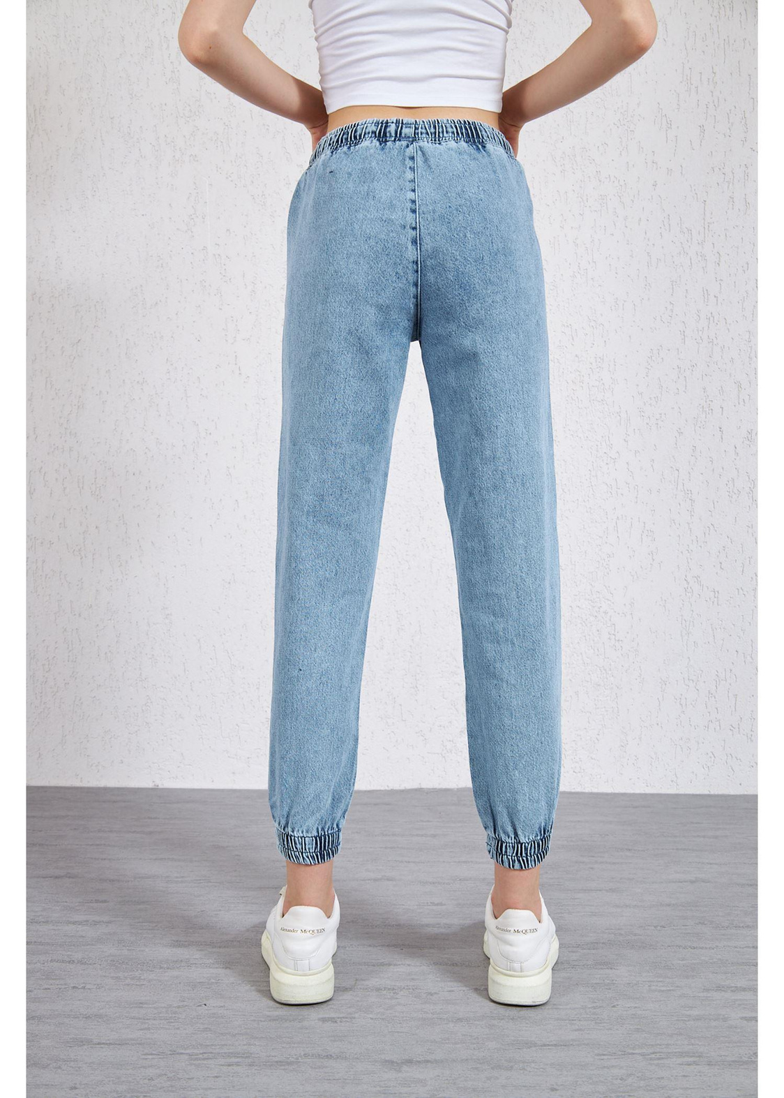 Beli ve Paçası Lastikli Denim Pantolon-Mavi