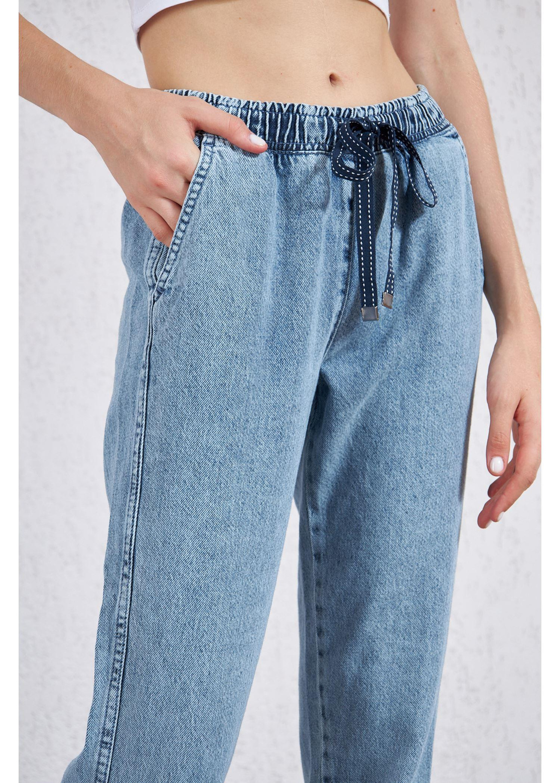 Beli ve Paçası Lastikli Denim Pantolon-Mavi