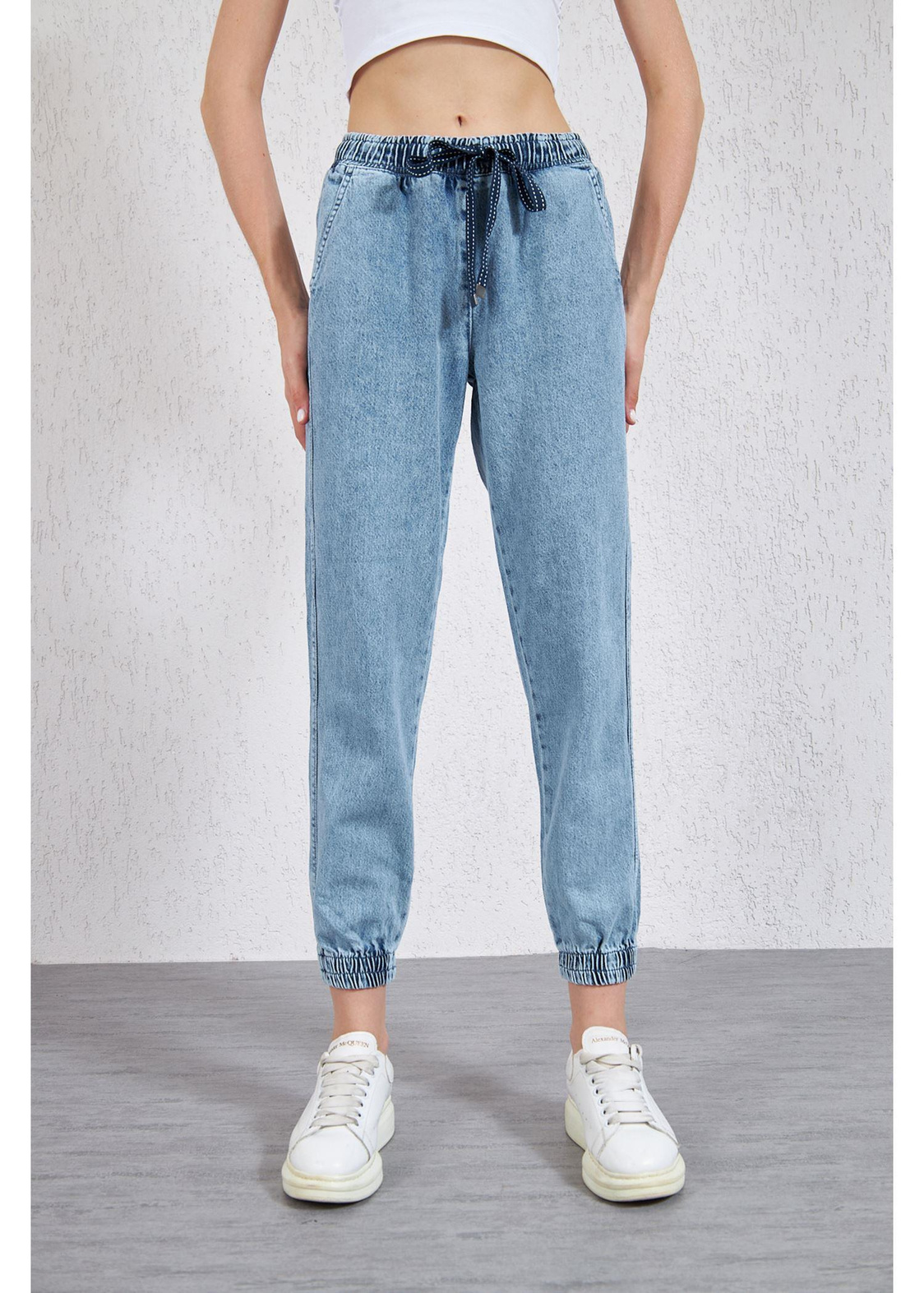 Beli ve Paçası Lastikli Denim Pantolon-Mavi