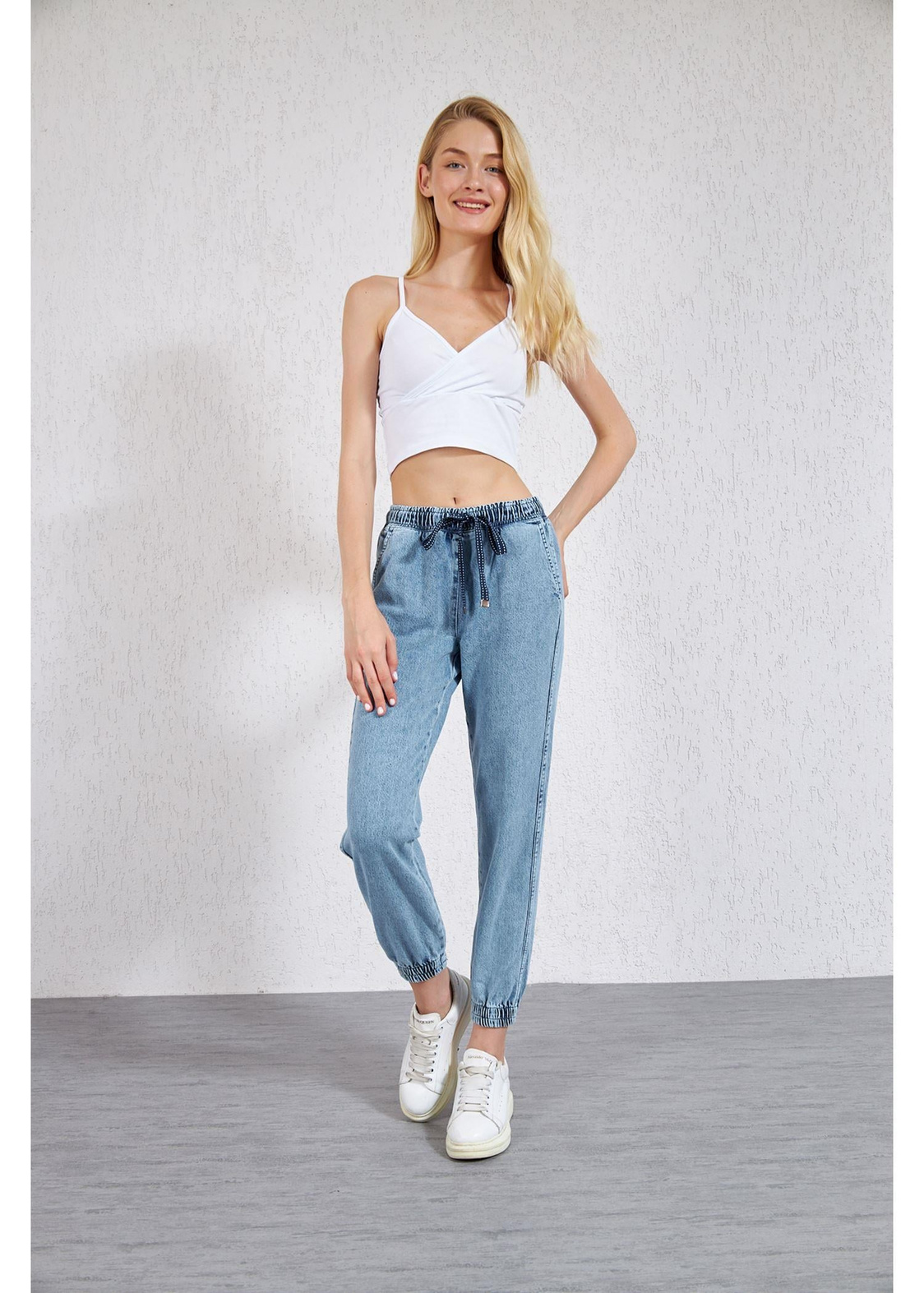 Beli ve Paçası Lastikli Denim Pantolon-Mavi