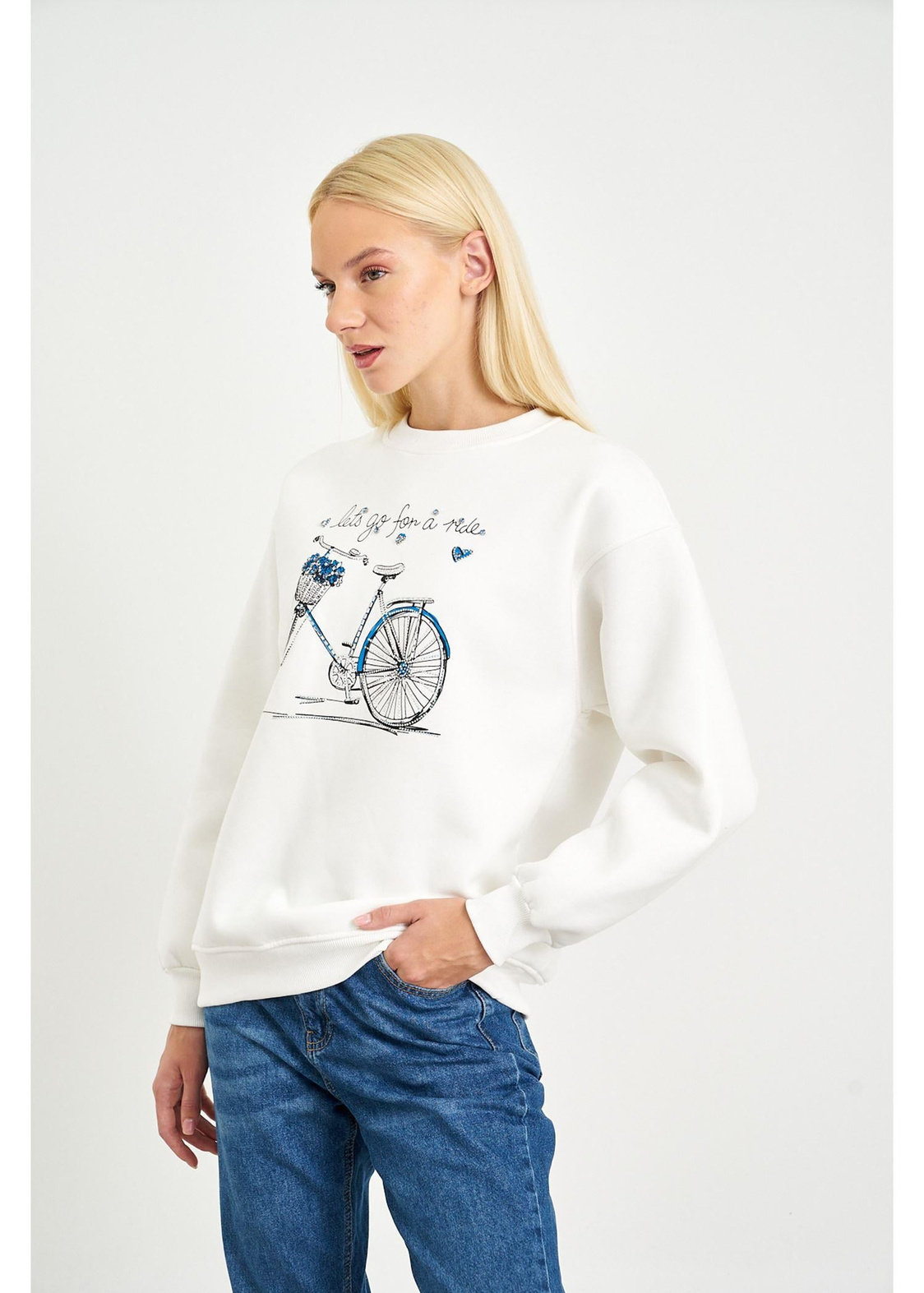 Bisiklet Baskılı Sweatshirt-Ekru