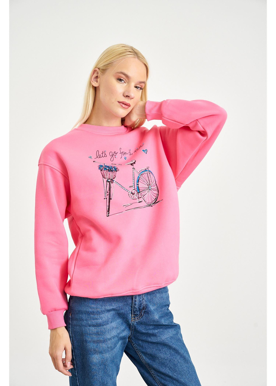 Bisiklet Baskılı Sweatshirt-Pembe