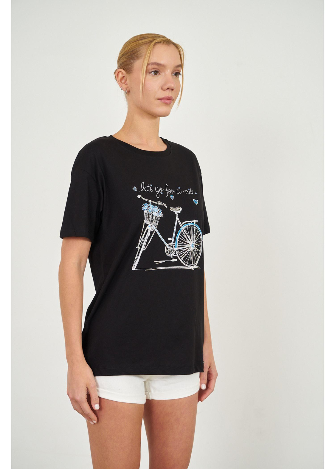 Bisiklet Baskılı T-shirt-Siyah