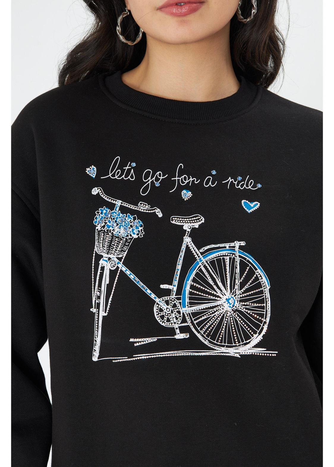 Bisiklet Baskılı Taşlı Sweatshirt