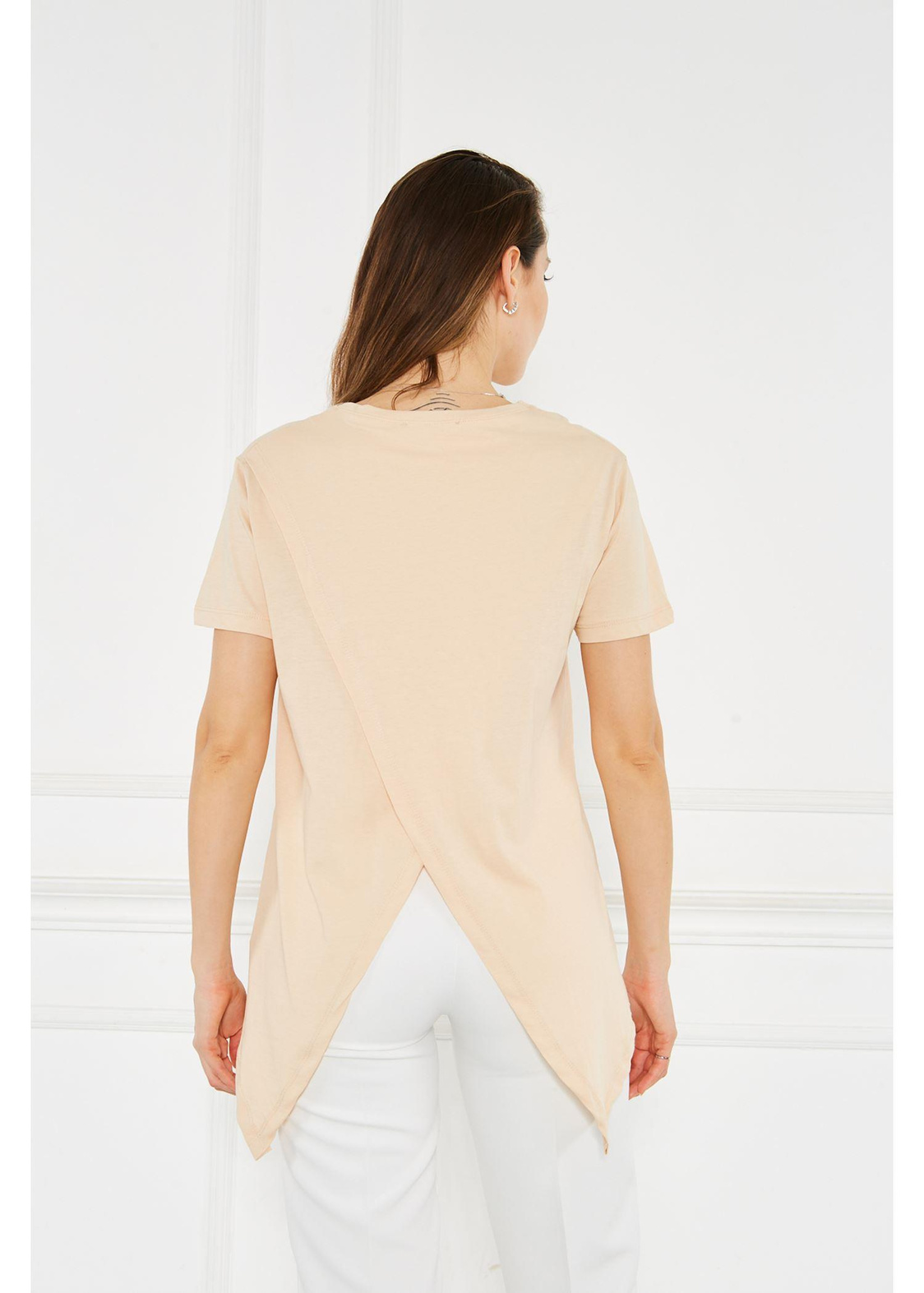 Bisiklet Yaka Anvelop Kısa Kol Tshirt-Bej