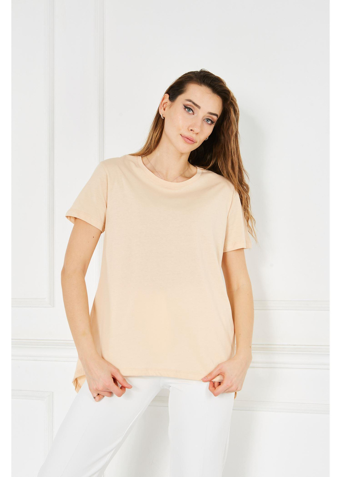 Bisiklet Yaka Anvelop Kısa Kol Tshirt-Bej