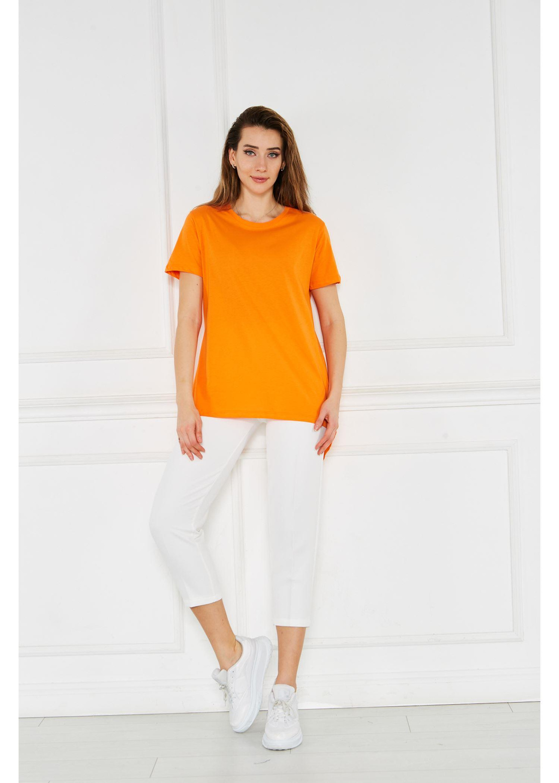 Bisiklet Yaka Anvelop Kısa Kol Tshirt-Turuncu