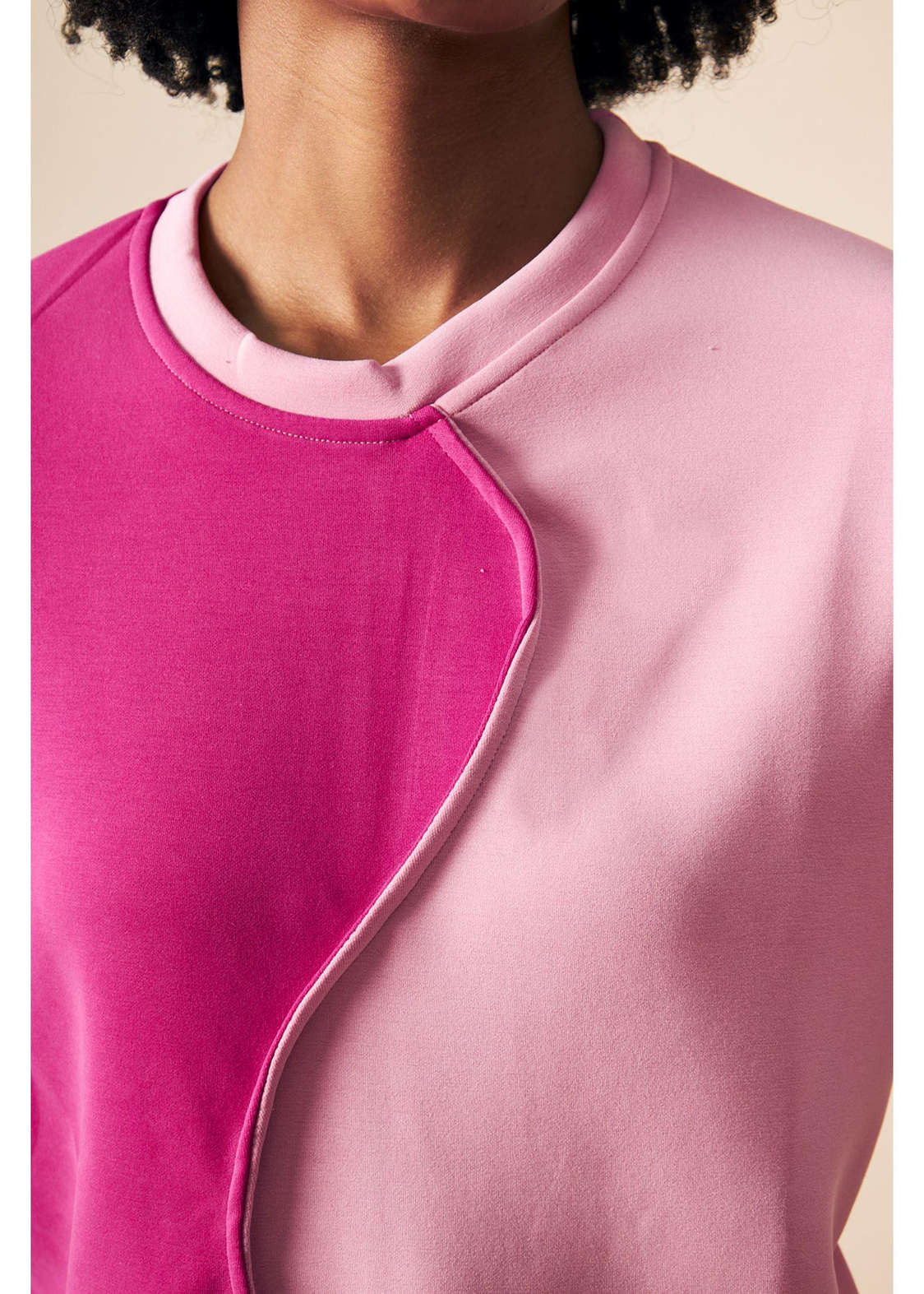 Bisiklet Yaka Çift Renk Dalgıç Sweatshirt-Fuşya/Somon