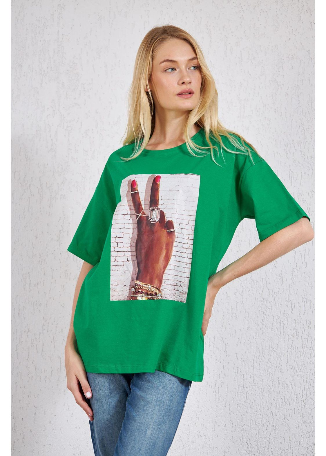 Bisiklet Yaka El Baskılı Süprem T-Shirt-Yeşil
