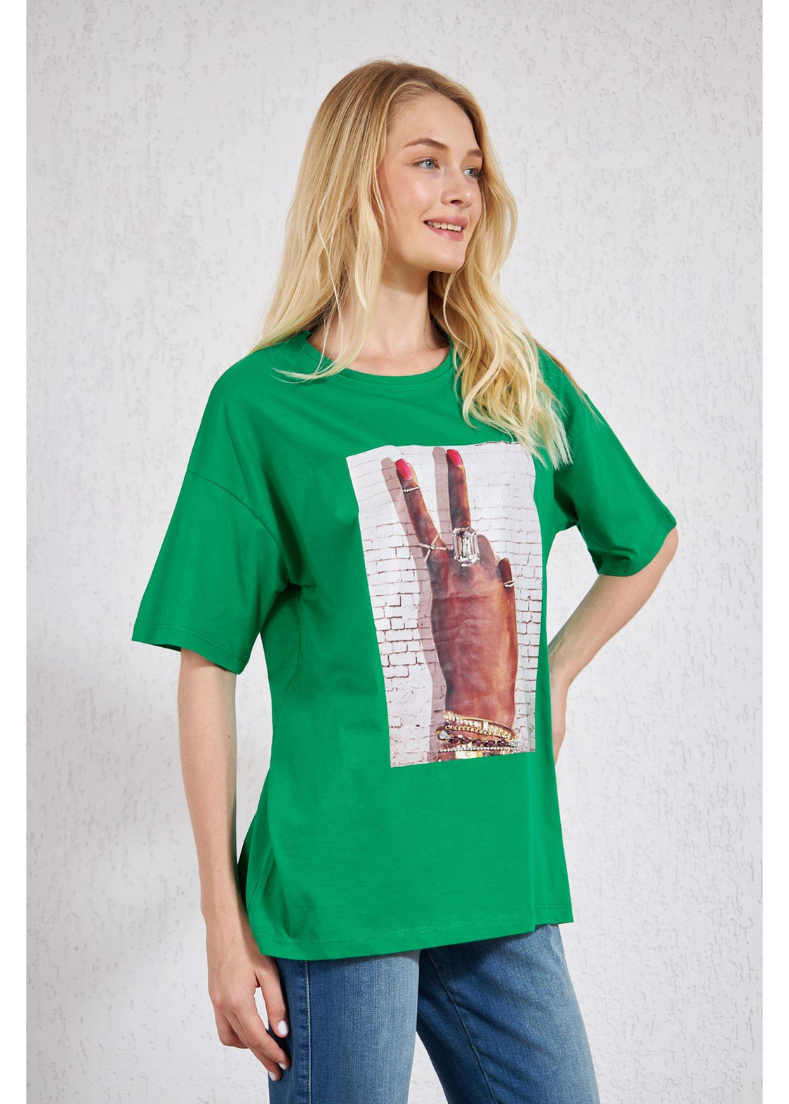 Bisiklet Yaka El Baskılı Süprem T-Shirt-Yeşil