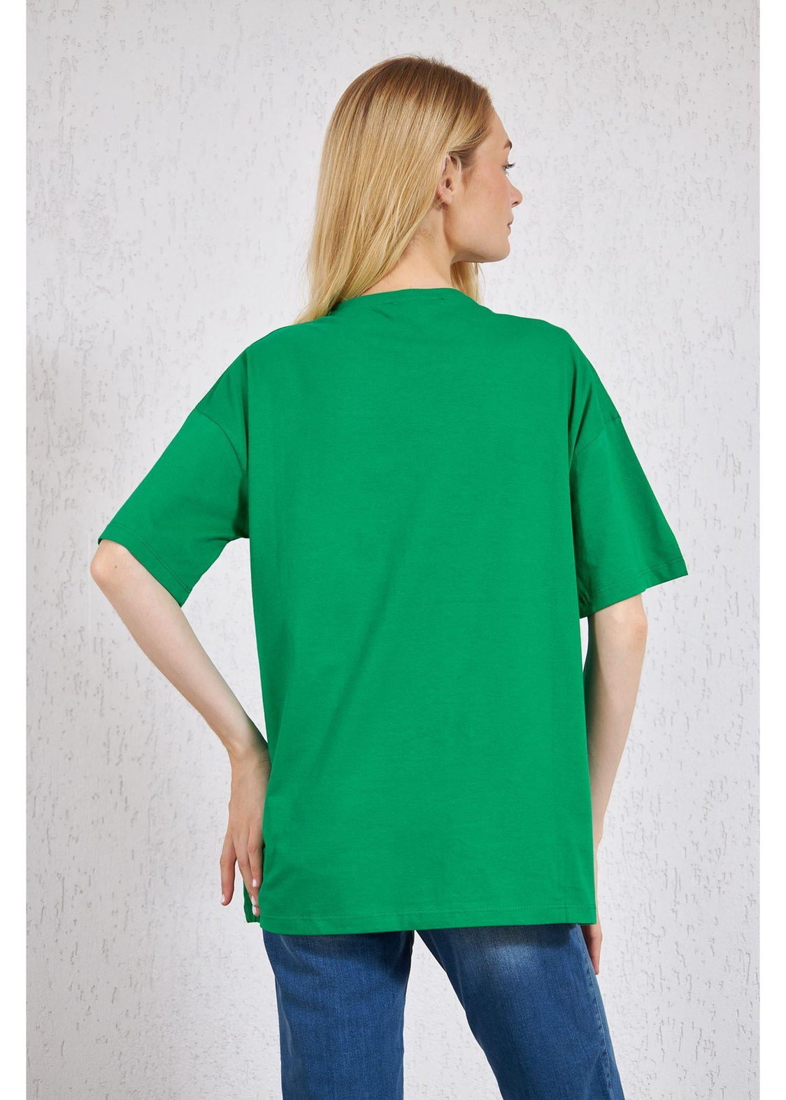 Bisiklet Yaka El Baskılı Süprem T-Shirt-Yeşil