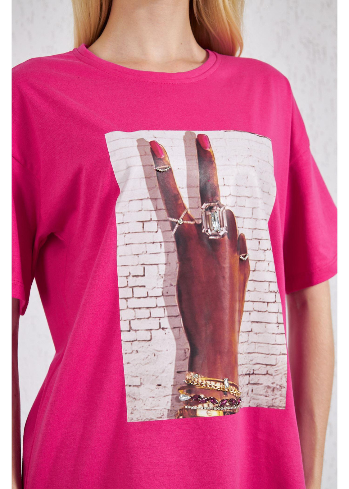 Bisiklet Yaka El Baskılı Süprem T-Shirt-Fuşya