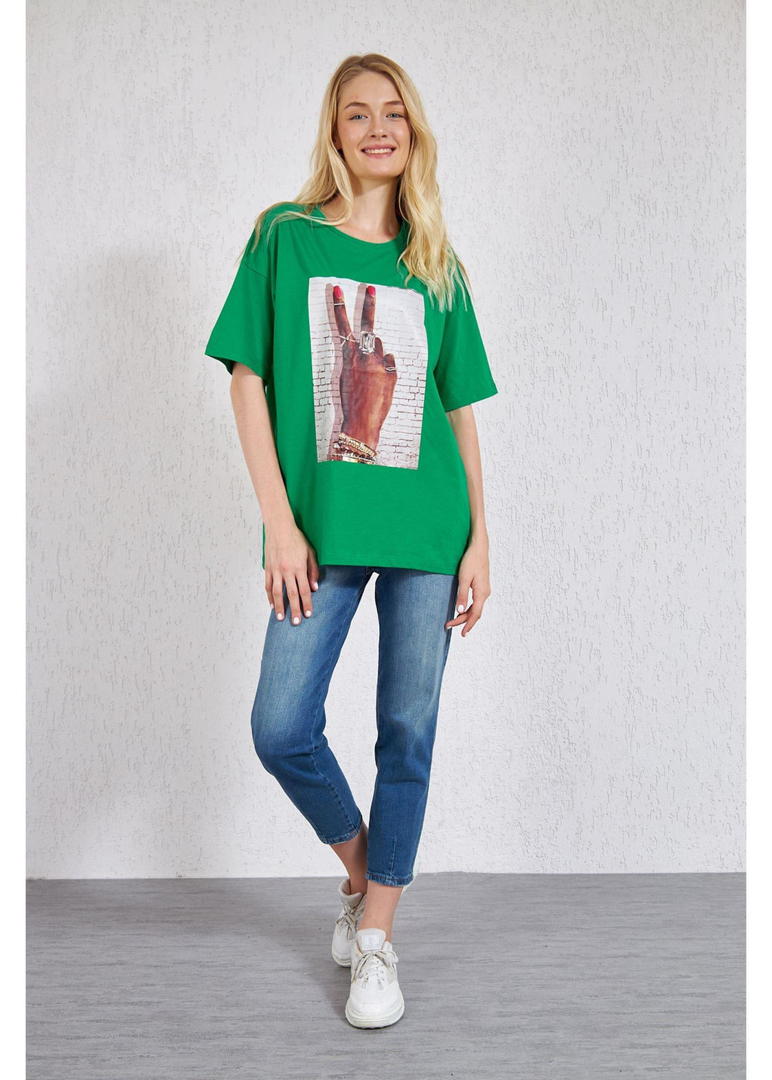 Bisiklet Yaka El Baskılı Süprem T-Shirt-Yeşil