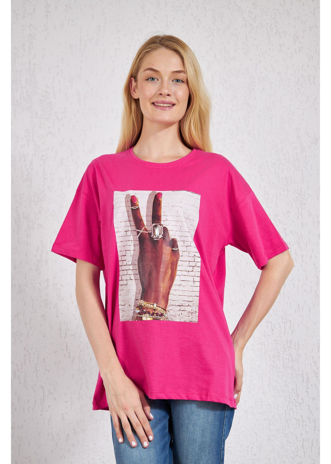 Bisiklet Yaka El Baskılı Süprem T-Shirt-Fuşya