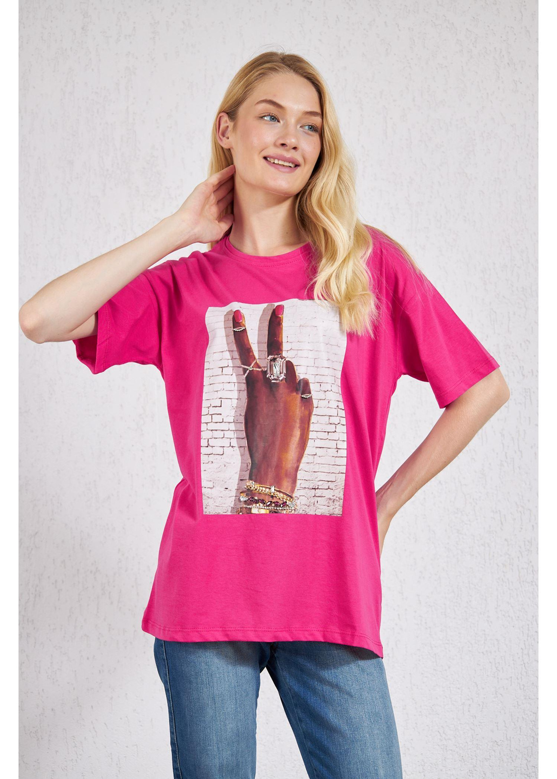 Bisiklet Yaka El Baskılı Süprem T-Shirt-Fuşya