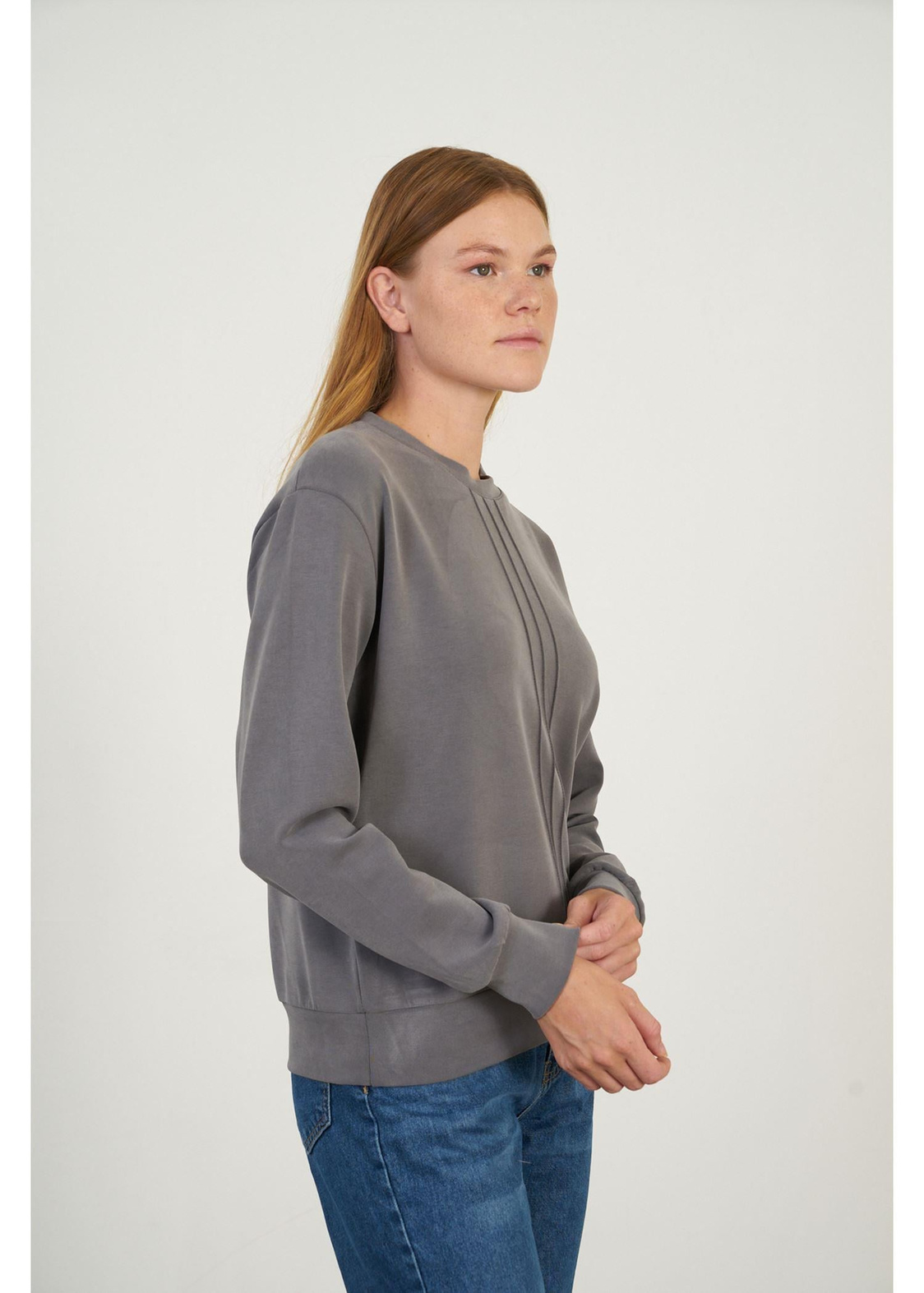 Bisiklet Yaka Uzun Kol Dalgıç Sweatshirt-Füme