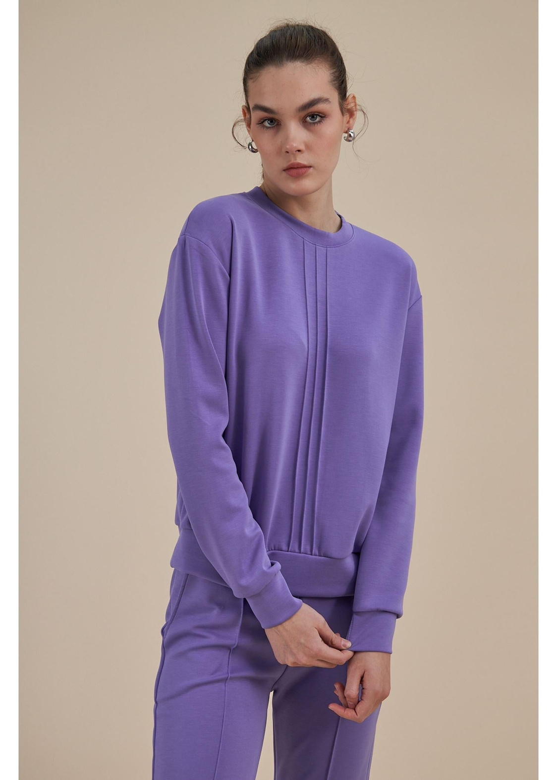 Bisiklet Yaka Uzun Kol Dalgıç Sweatshirt-Lila