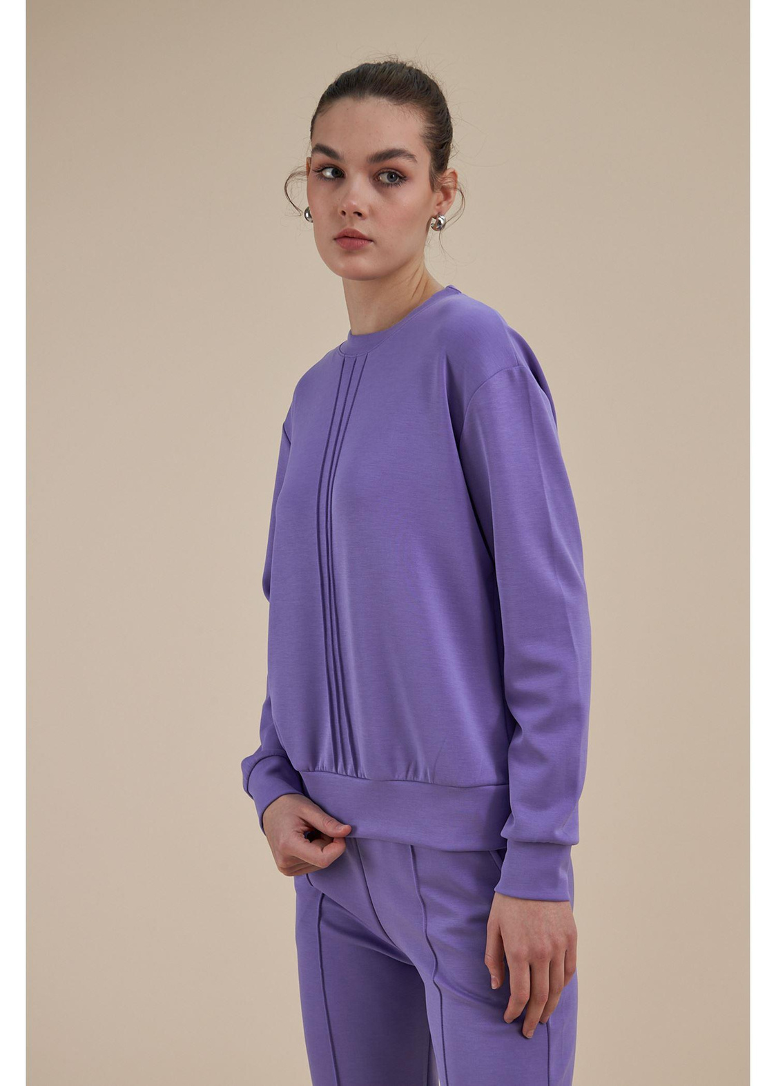 Bisiklet Yaka Uzun Kol Dalgıç Sweatshirt-Lila