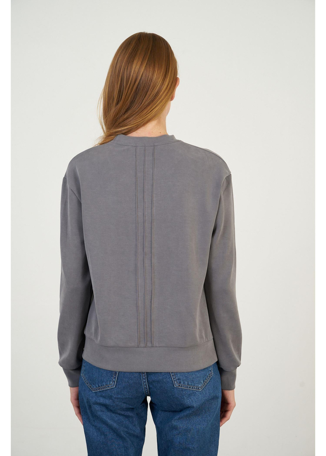 Bisiklet Yaka Uzun Kol Dalgıç Sweatshirt-Füme