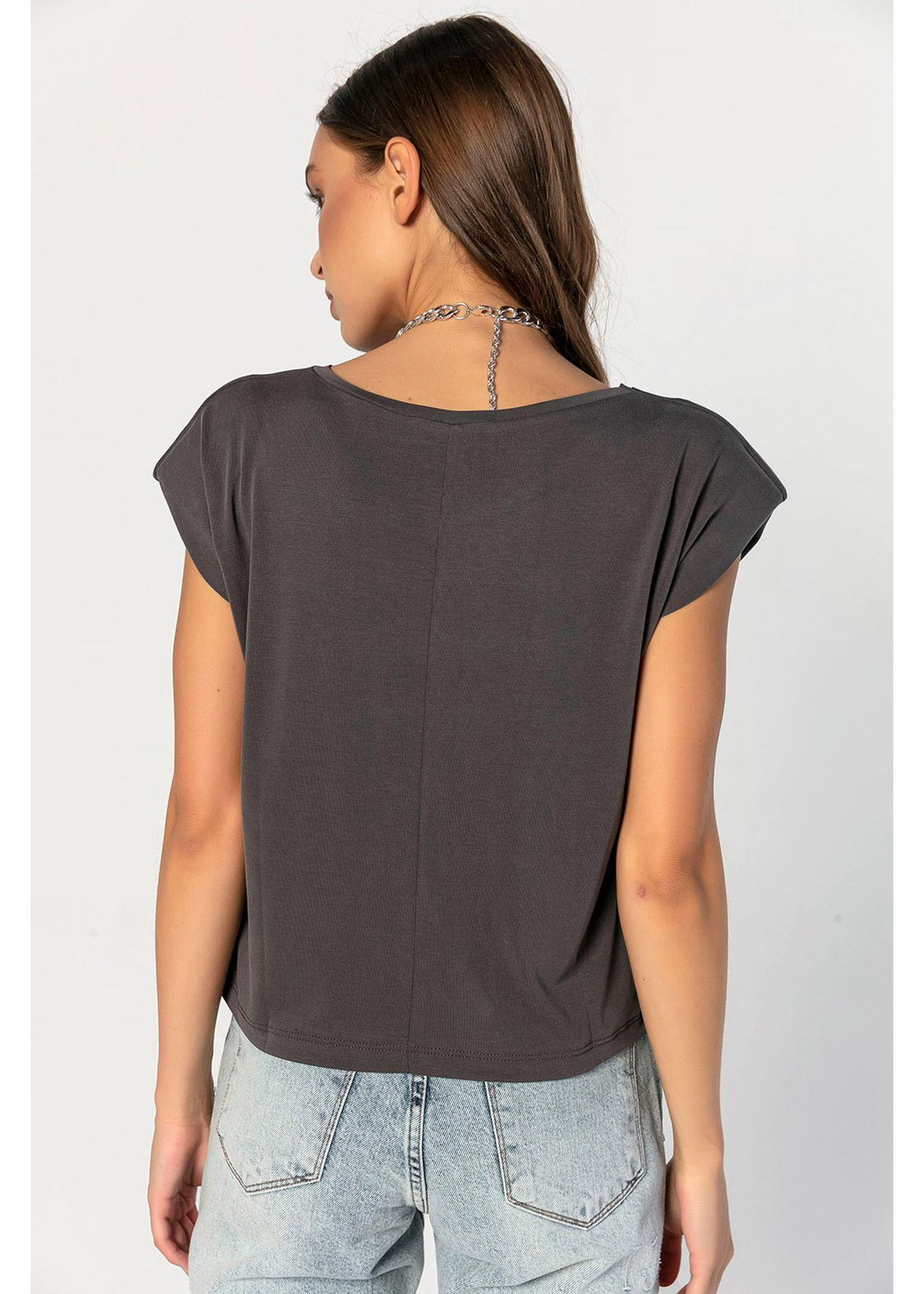 Bisiklet Yaka Vatkalı Kısa Tshirt-Antrasit