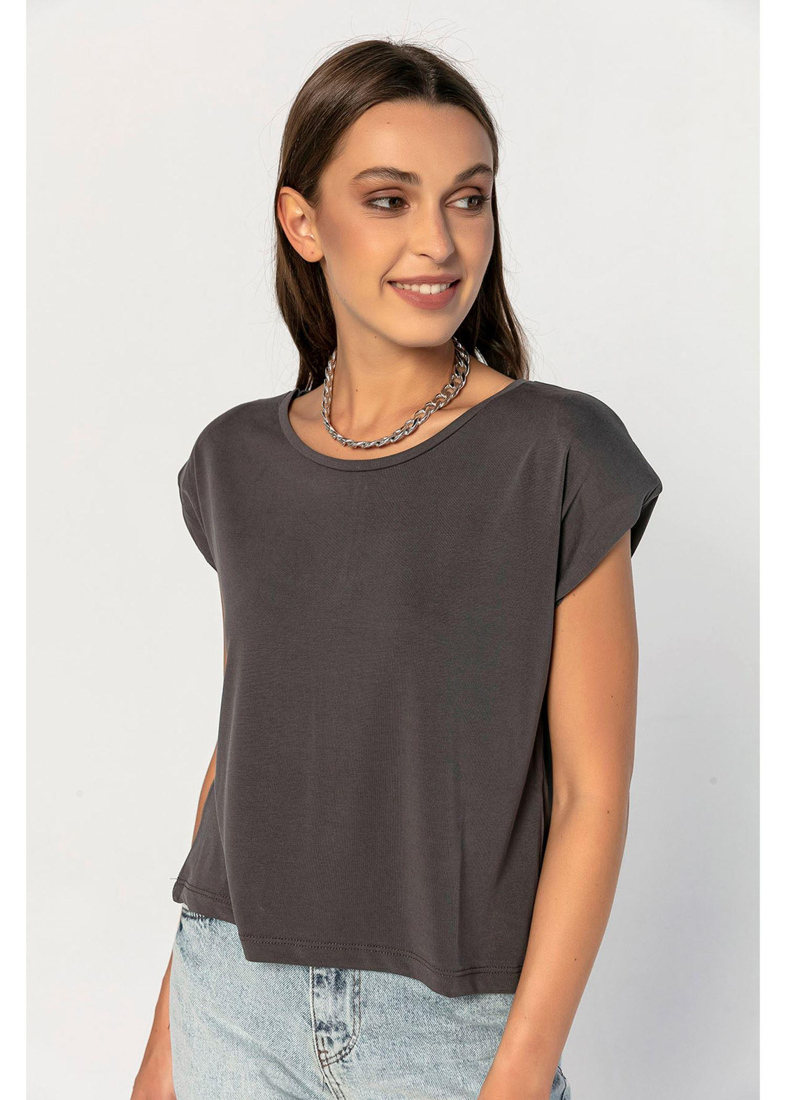 Bisiklet Yaka Vatkalı Kısa Tshirt-Antrasit