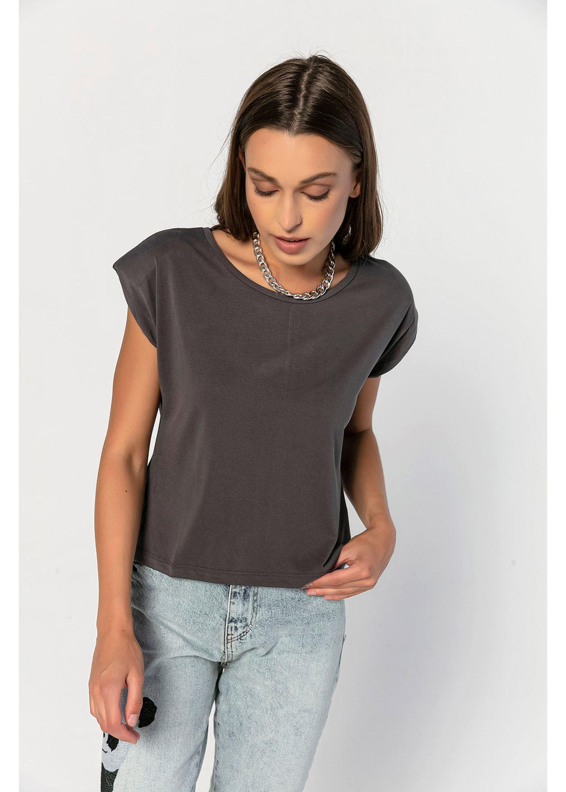 Bisiklet Yaka Vatkalı Kısa Tshirt-Antrasit