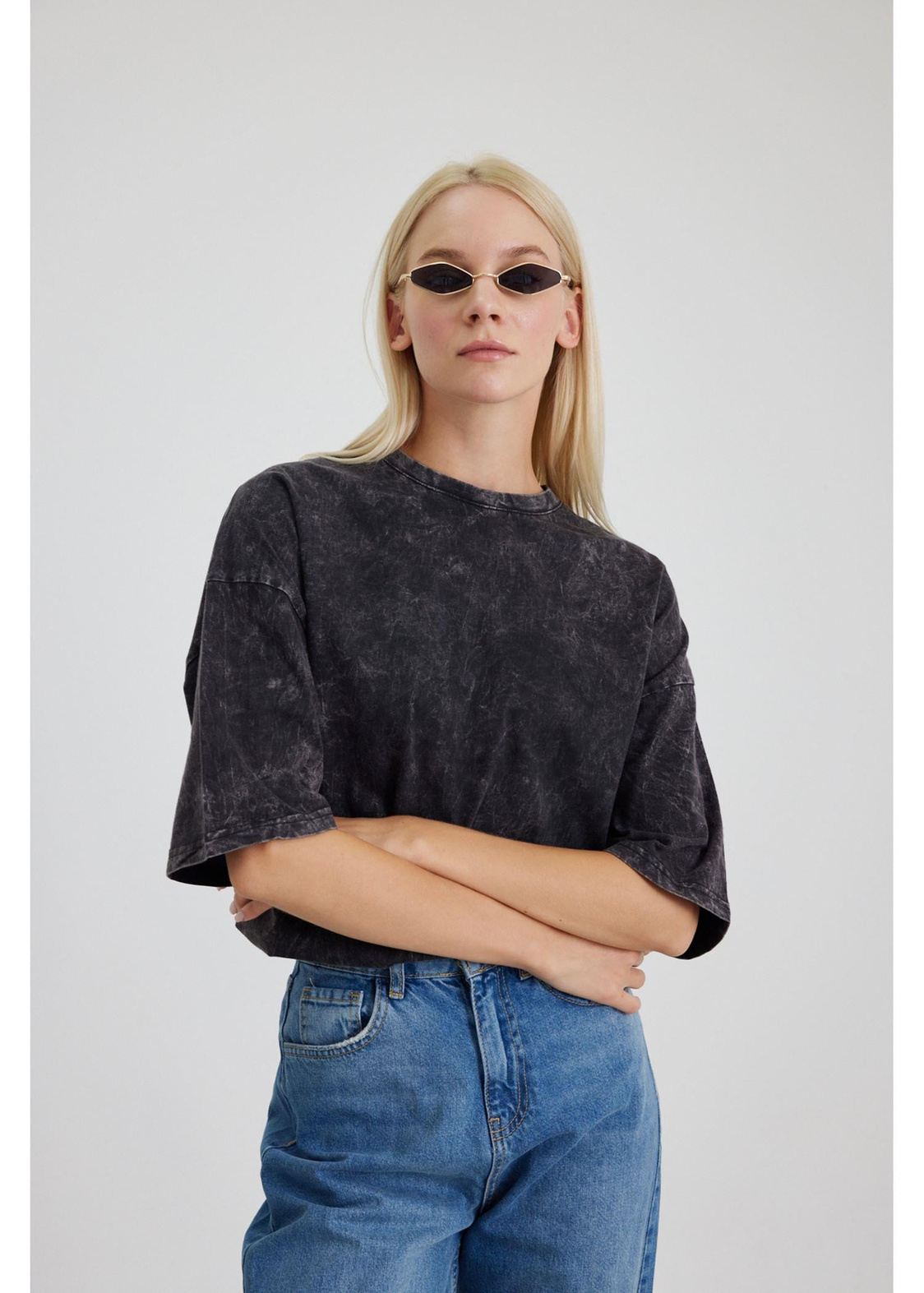 Bisiklet Yaka Yıkamalı Basic T-Shirt-Antrasit