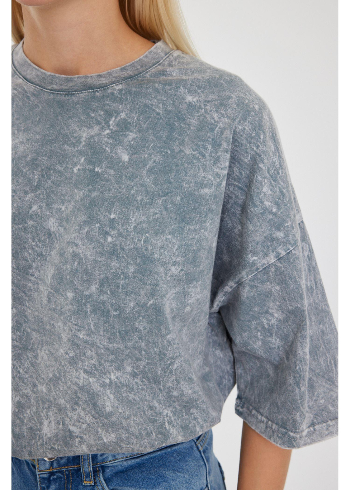 Bisiklet Yaka Yıkamalı Basic T-Shirt-Gri