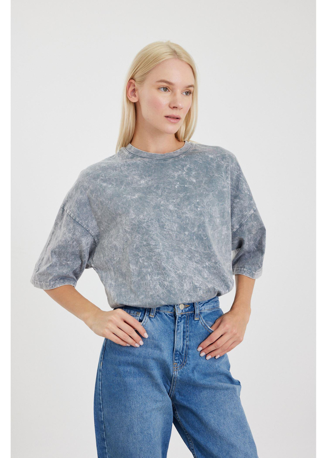 Bisiklet Yaka Yıkamalı Basic T-Shirt-Gri