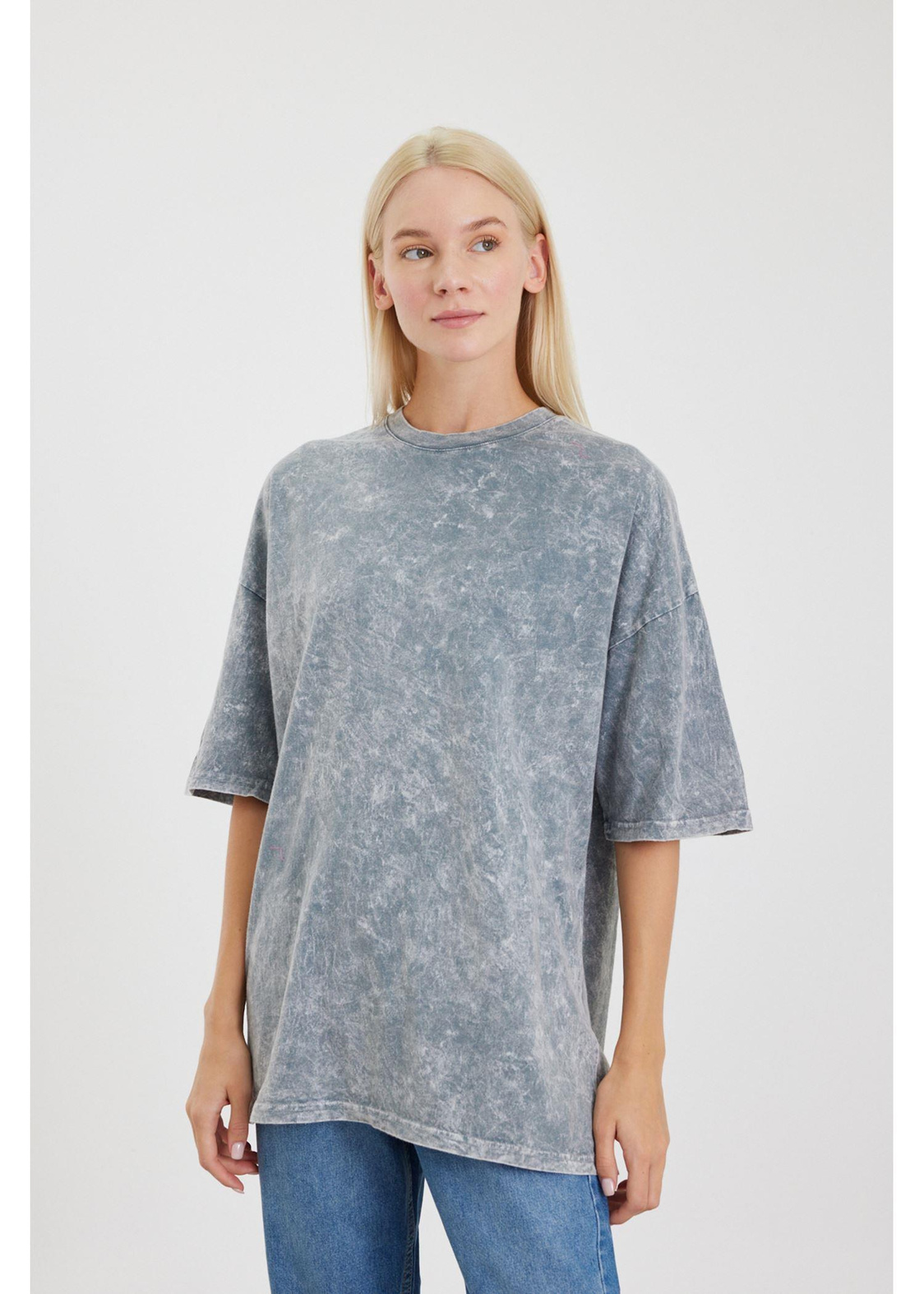 Bisiklet Yaka Yıkamalı Basic T-Shirt-Gri