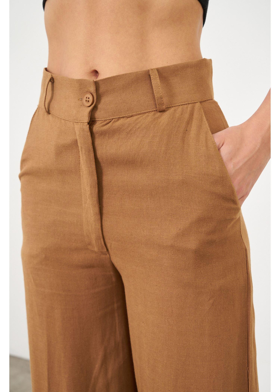 Bol Paça Kemerli Keten Pantolon-Kahve