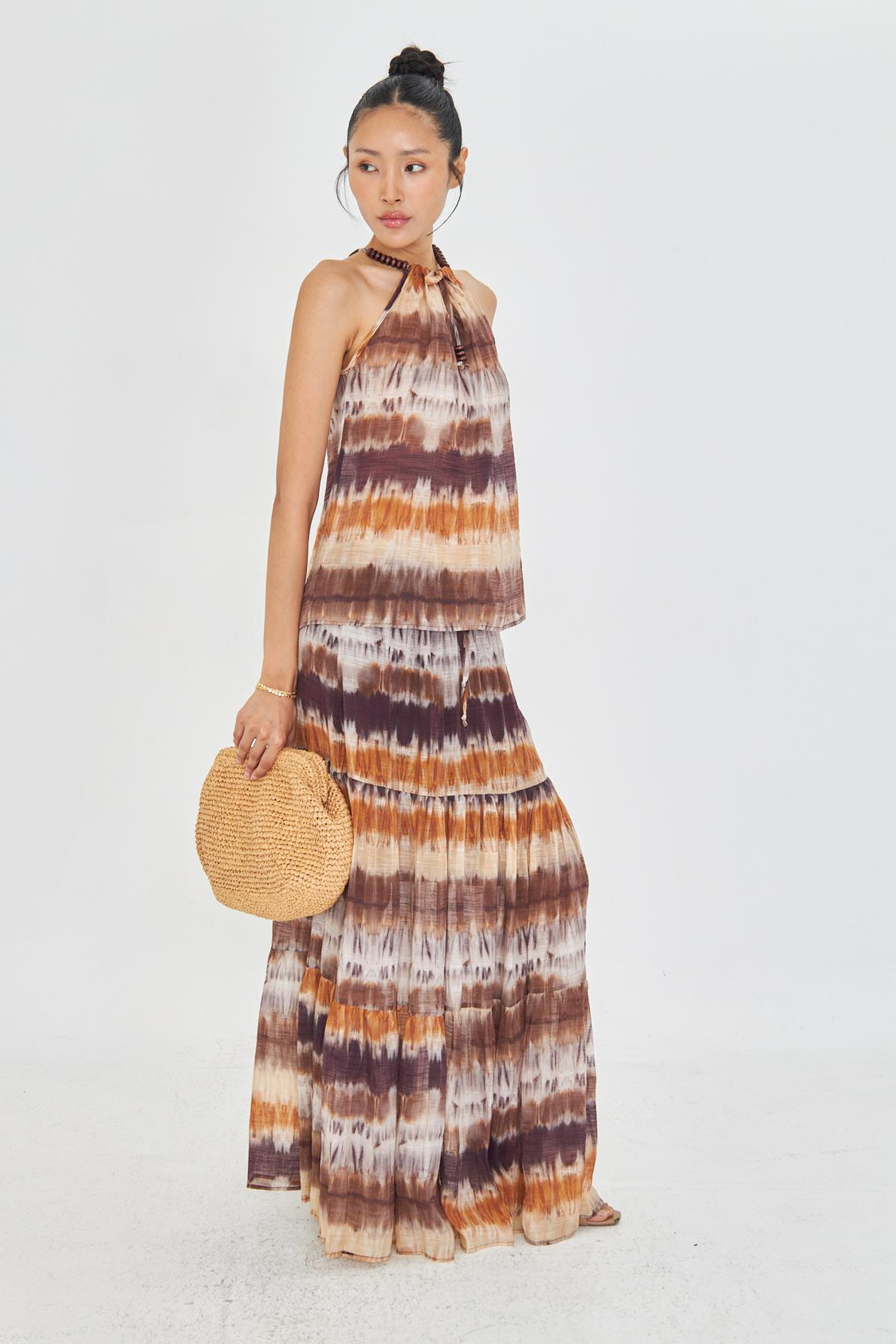 Boncuklu Baskılı Halter Yaka Bluz